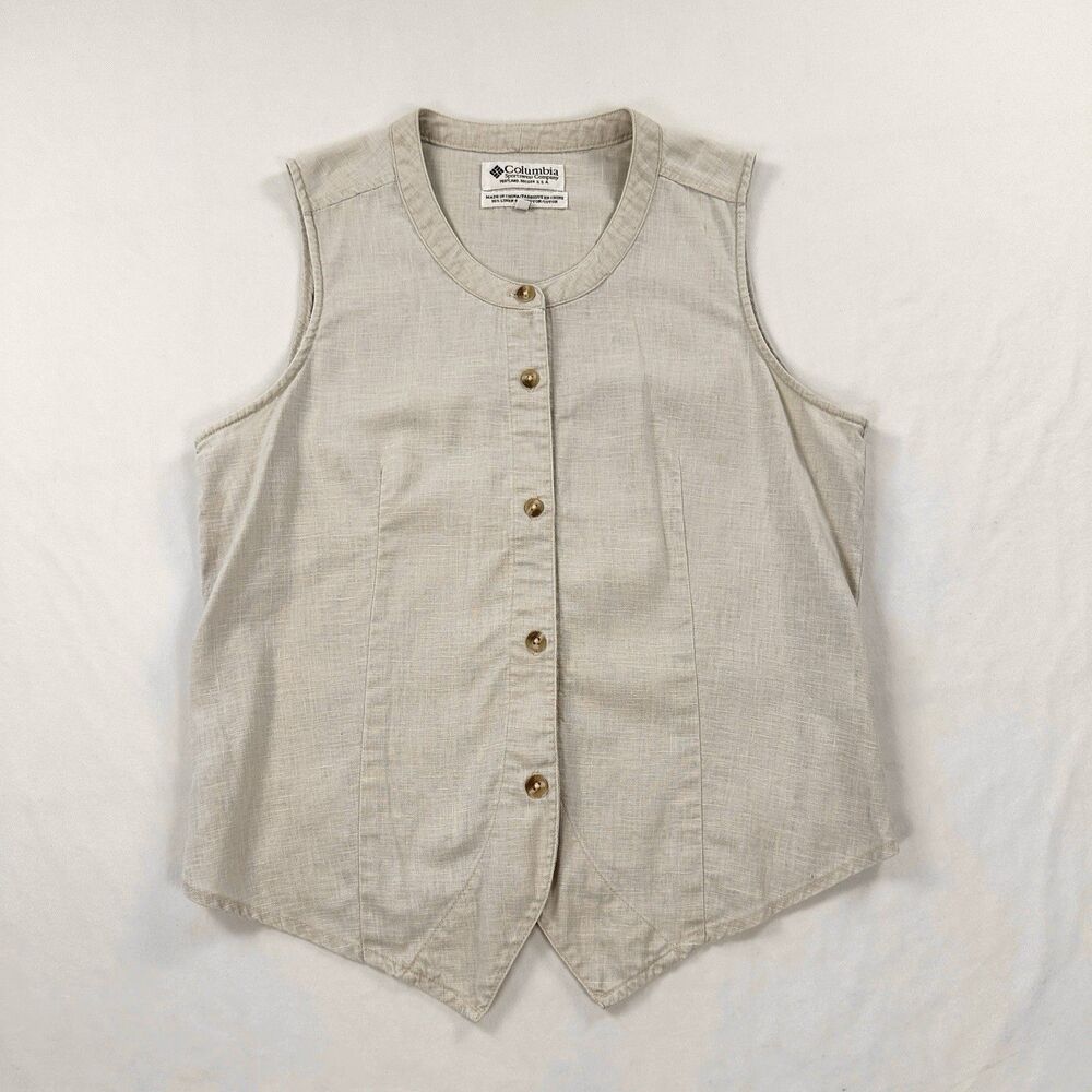 Columbia Sleeveless Top Womens Small Beige Linen Cotton Button Up Minimalist